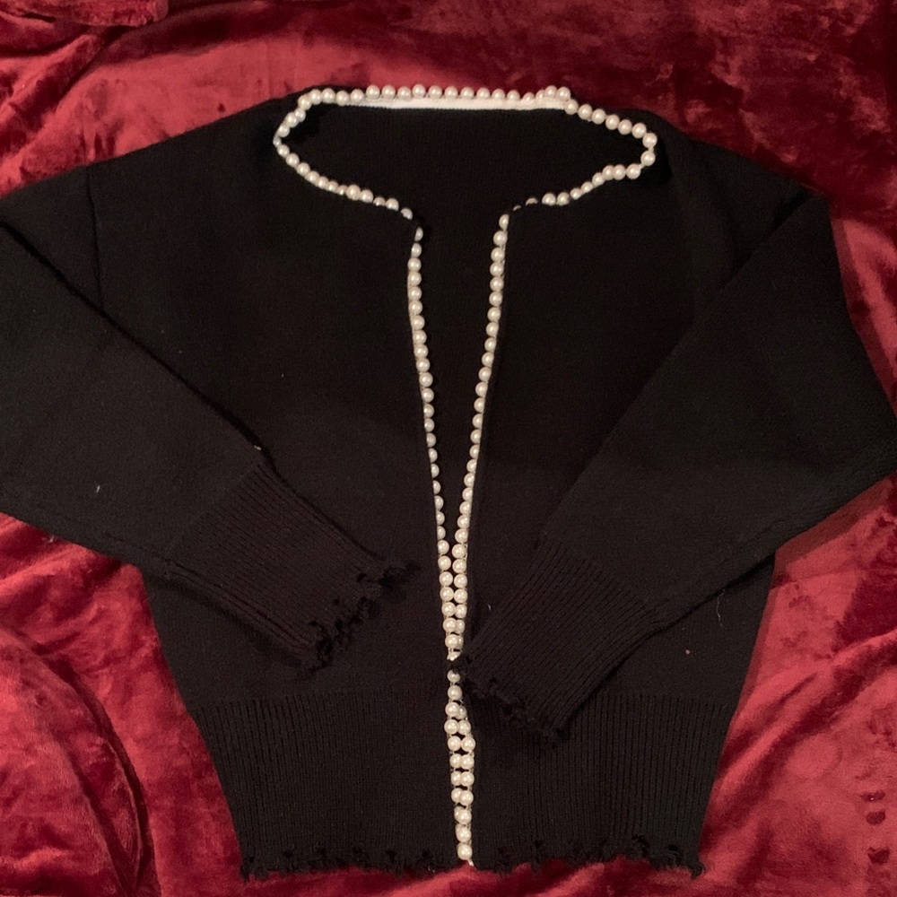 Elegant Black Cardigan with Pearl Trim
